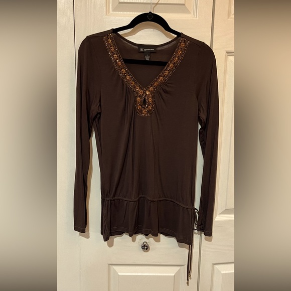 INC Petite M…chocolate brown long sleeved top. Copper bead and sequin neckline. - Picture 1 of 15